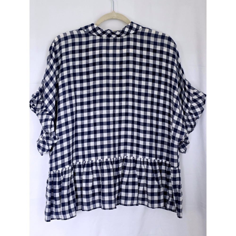 Maeve Anthropologie Navy Gingham Flounced Ruffle Shirt Linen Blend M Oversized - Picture 4 of 10